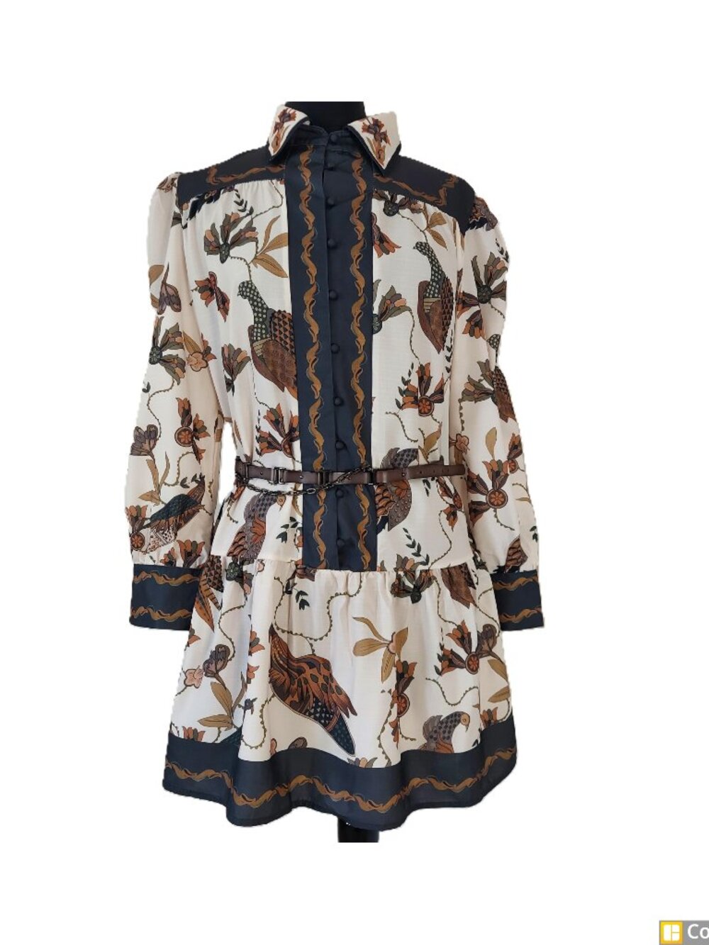 NWOT Mini dress with lantern sleeves and colorful birds. SZ L Linen 65% 35